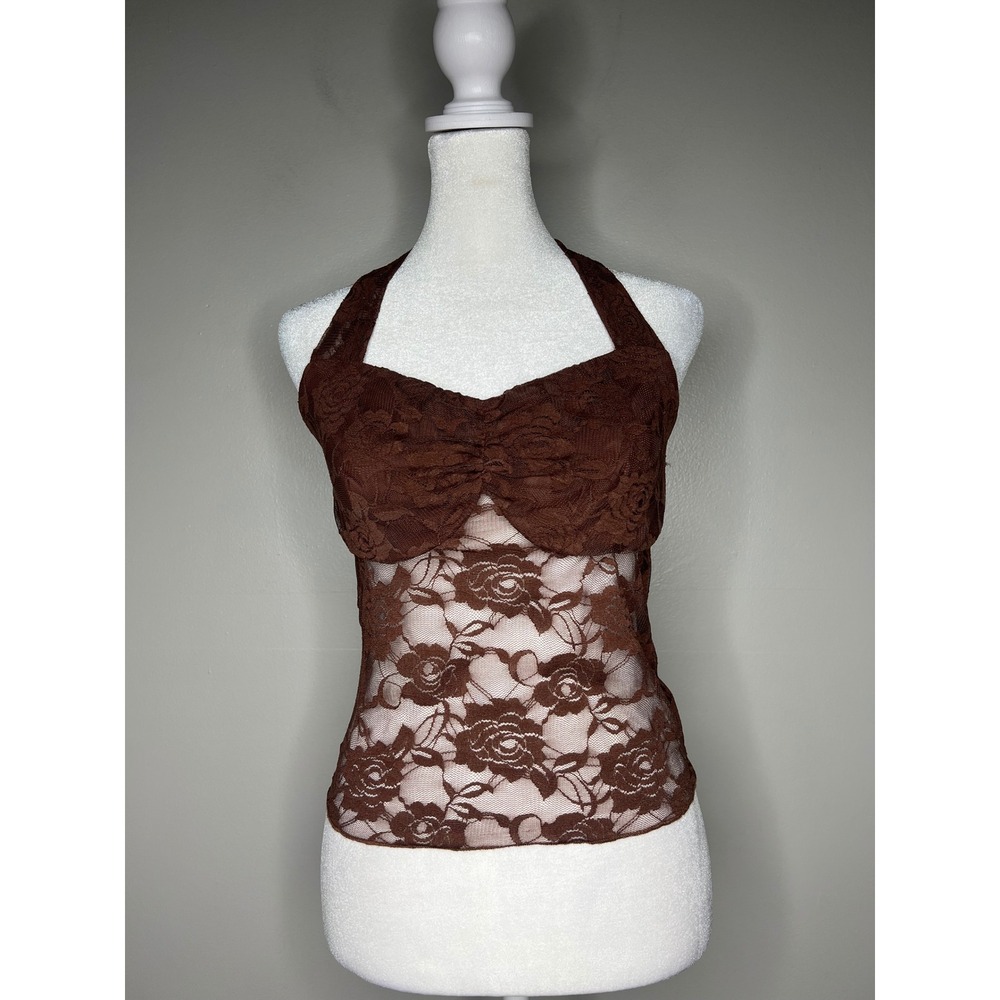 Brown Floral Lace Halter Top Sheer Ruched Sweetheart Bust Y2K Fairy Grunge Sz M